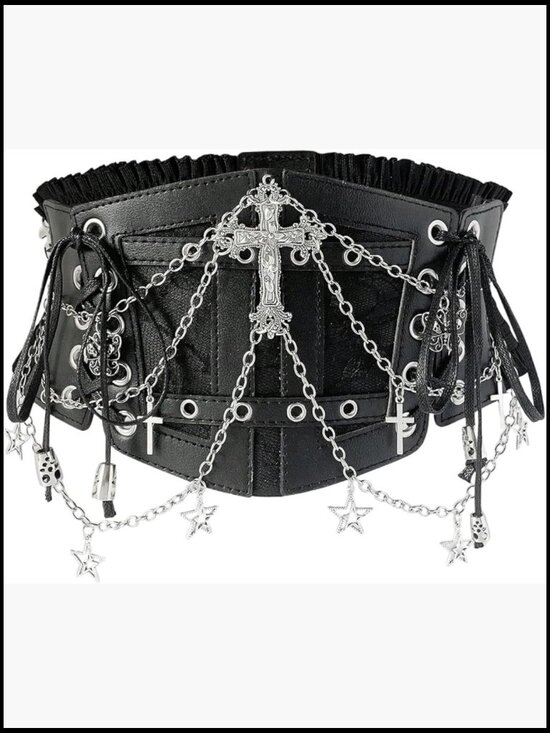 Faux Leather Corset Belt Chain Lace Up Side Elastic Waist Punk Goth Festival